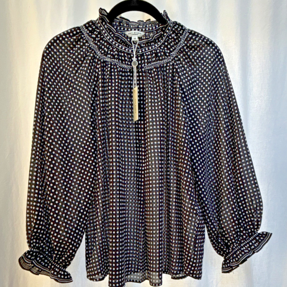Max Studio Polka Dot Ruffle Button Blouse Black White XS Long Sleeve Women NWT